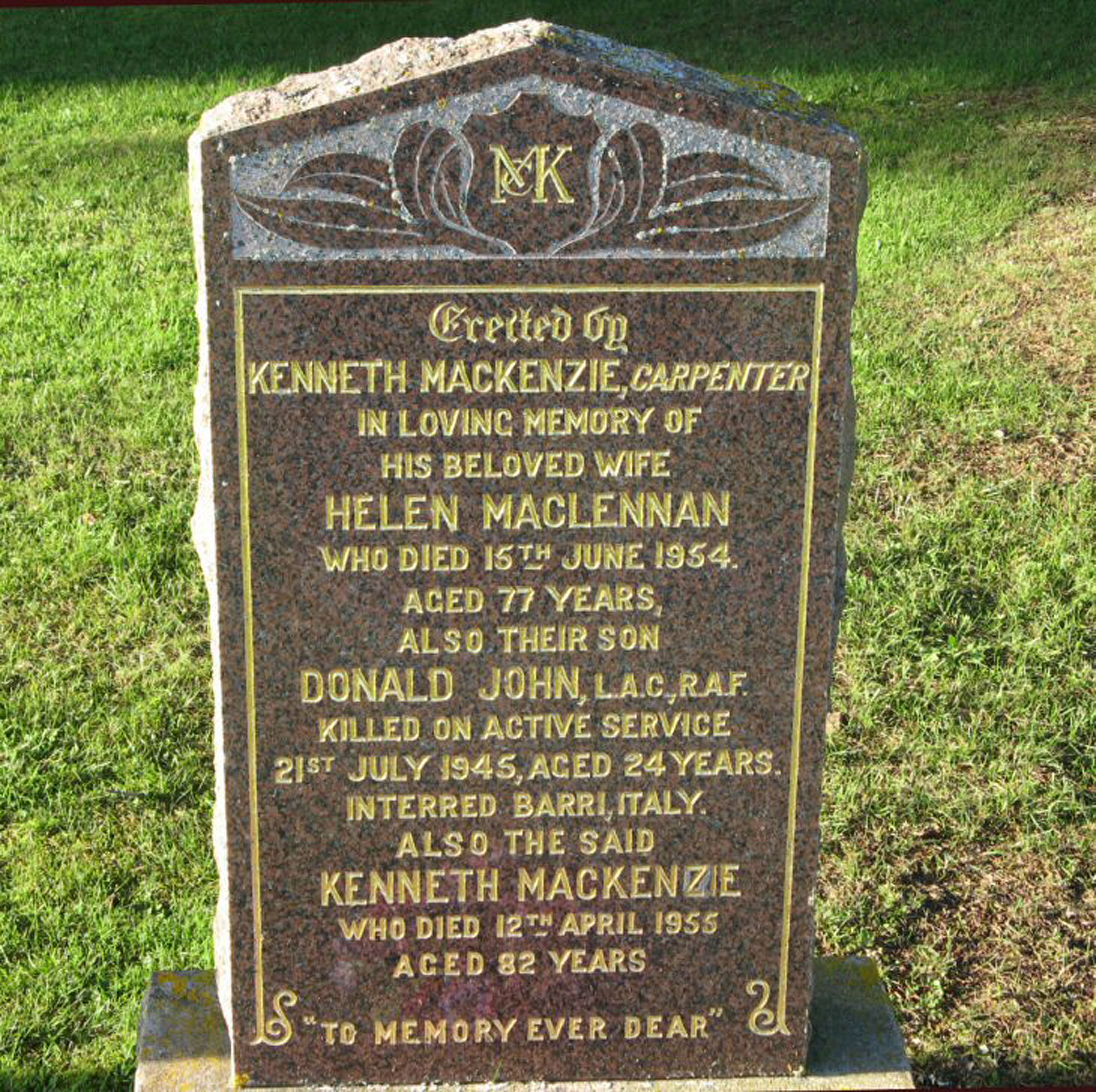 Photo of headstones/Helen MacLennan died 1954 MI Tore1